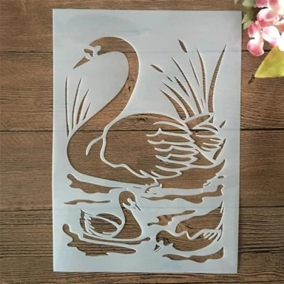 Image of Stencils for Painting on Wood,A4 29cm Swan and Baby Swim Reusable Painting,Stencils Craft,Walls Stencils,DIY Art Projects