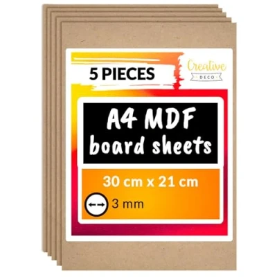 Image of Creative Deco 5 x A4 MDF Board Sheet 300 210 3mm Wood Wooden Blank for Drawing, Home Decor, Art and Craft, Painting, DIY Projects, Laser Cutter, CNC Cutting, Scroll Saw, Stenciling Pyrography