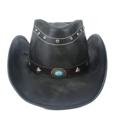 Image of LIOONS Men Women Black Leather Western Cowboy Hat with Punk Belt Wide Brim Size 58 59CM