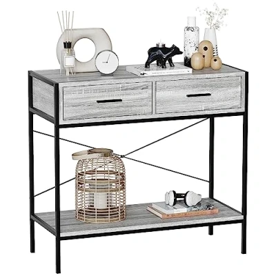 Image of Vida Designs Brooklyn Console Table Hallway Living Room Rustic Shelf Industrial Storage Furniture (Grey, 2 Drawer)