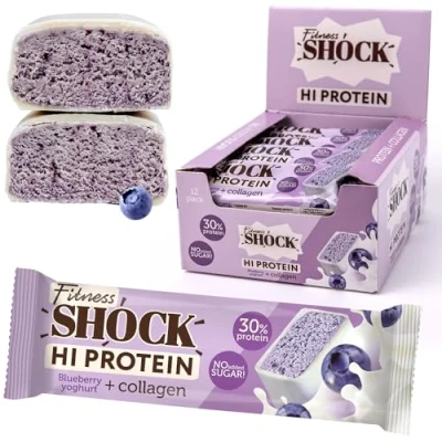 Image of FitnesSHOCK High Protein Bars Blueberry Yogurt Flavor, 30% Protein, Low Carb, No Added Sugar, 5g collagen, Fiber Rich, Calorie, 12x40g