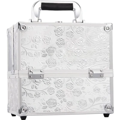 Image of Makeup Case Vanity Box 4 Trays Beauty Organiser Cosmetic Storage with Locks, Silver Rose