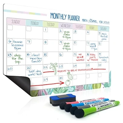 Image of Joeji&#039;s Kitchen Magnetic Monthly Planner Whiteboard Organiser Easy Attach to Fridge Family Calendar Meal Plan Chores Board 4 Markers with Erasers