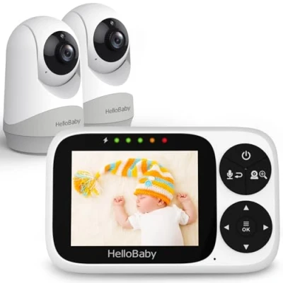 Image of HelloBaby Video Baby Monitor with 2 Cameras and Night Vision, 3.2&quot; IPS Screen Camera No WiFi, VOX Temperature Display, Pan Tilt Zoom, Way Talk, Lullaby Feeding Alarm 1000ft Range