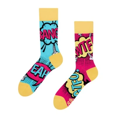 Image of Dedoles Unisex Socks for Women, Men &amp; Kids Cotton Funny Designs Football Bicycle Horses Plants Firefighter Gift Mismatched, Design: Bang Yeah Comics, Colour: Multicolour, Size: 5 7.5 W / 6 8 M UK