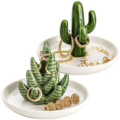 Image of Elsjoy Set of 2 Aloe and Cactus Ring Holder Dish, Ceramic Jewelry Dish Bracelet Earrings Necklace Organizer, Decorative Trinket for Wedding, Birthday Gifts, Home Decor