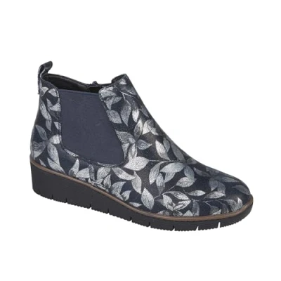 Image of JO &amp; JOE Ladies Croc Patent Chelsea Wedge Ankle Boot With Side Gusset, Inside Zip For Ease Of Wear Warm Fur Lining. Sizes 4 8 (Navy Floral, UK Footwear Size System, Adult, Women, Numeric, Medium, 7)