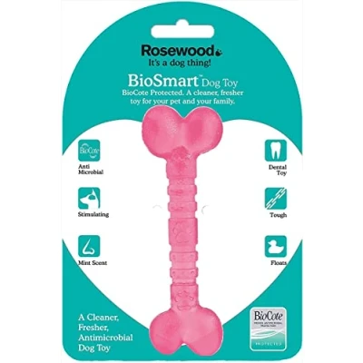 Image of Rosewood BioSafe Pink Puppy Bone Hygienic Chew Toy for Puppies, Mint Scented, BioCote Coating Kills 99.99% of Germs, Soothes Teething, Promotes Dental Health, Ideal Small Breeds