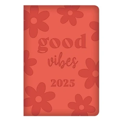 Image of 2025 Red Soft Touch Padded Cover Pocket Diary Week to View &quot;Good Vibes&quot; Textured Design