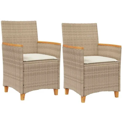 Image of vidaXL Garden Chairs with Cushions 2 pcs Beige Poly Rattan&amp;Solid Wood
