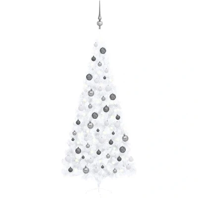 Image of vidaXL Artificial Half Christmas Tree with LEDs and Ball Set Space Saving Green PVC Stable Steel Stand, Repeatable Use, Economical 120 cm Height