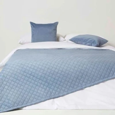 Image of HOMESCAPES Blue Velvet Throw 150 x 200 cm Super Soft Thick Quilted Blanket with Handwoven Diamond Pattern Bedspread Bed or Sofa