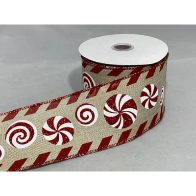 Image of 2 Meters x 63mm Wired Ribbon Red Candy Cane Swirls Christmas Hessian Style 6.3cm