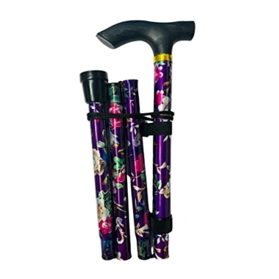 Image of Walking Stick, Easy Adjustable Height Folding Extendable Cane, Lightweight Flexible and Durable, Aid Mobility Aid, Collapsible Stick (PURPLE FLORAL)