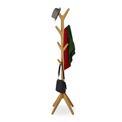 Image of Relaxdays Coat Rack, Bamboo, 8 Hooks, HxWxD: 181.5 x 53 cm, Jackets, Scarf, Tree Form, Stable, Accessory, Natural
