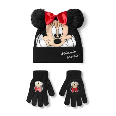 Image of Disney Minnie Mouse Girls Beanie Hat &amp; Gloves Set Black Knitted Winter with Pom Poms and Red Bow Kids One Size Character Face Classic Cartoon Merchandise Gift