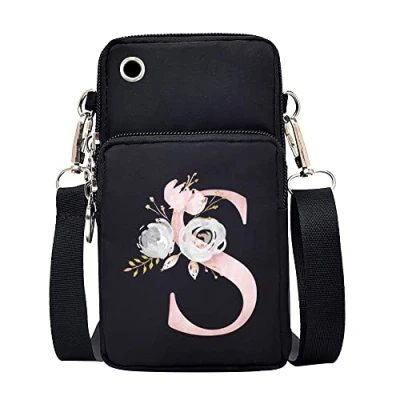 Image of FINDING CASE initial letter Printed Women Girls men Zipper Waterproof Nylon 3 Layers Crossbody Bags Wallet Cellphone Purse Shoulder Bag Wristlet Handbags Adjustable Strap (Pink Flower S)