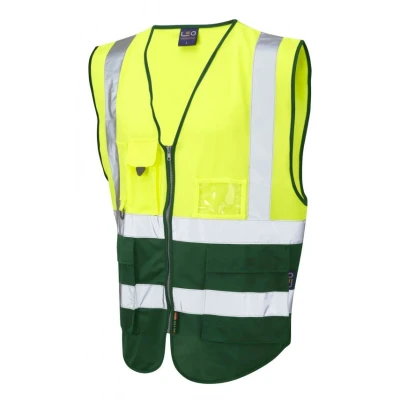 Image of Leo Workwear Lynton W11 Dual Colour Hi Vis Class 1 Multi pocket Superior Waistcoat, L, Yellow Bottle Green