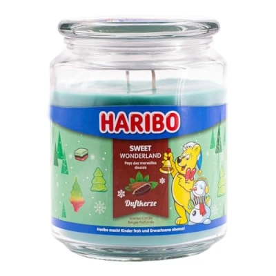 Image of Haribo Scented Candle in Glass with Lid Sweet Wonderland Winter Candles Long Burning Time (100 h) Green Large (510 g)