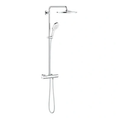 Image of GROHE Rainshower 310 Smartactive Shower System with Thermostat. Chrome Finish and White Hand Spray Plate, Wall Mounted. Made in Germany. 26647LS0