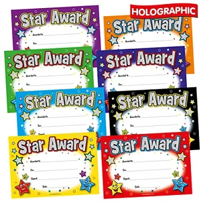 Image of 120 Mixed Holographic Sparkly Star Award Childrens Pupils School Reward Certificates A5 Primary Teaching Services