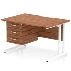 Image of Impulse 1200 x 800mm Scalloped Edge Straight Office Desk Walnut Top White Cantilever Leg Workstation 1 3 Drawer Fixed Pedestal