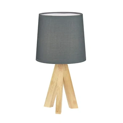Image of firstchoicelighting Natural Wooden Table Lamp or Bedside Light, Modern Tripod Design, Grey Fabric Shade, 36cm Height, LED Compatible
