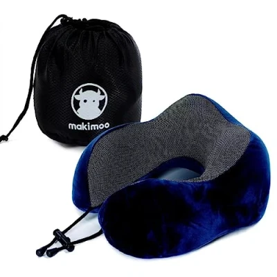 Image of Makimoo Memory Foam Travel Pillow, Neck Pillow with 360 Degree Head Support, Comfortable and Lightweight, Ideal for Sleeping on Airplane, Car, Train, Bus Home Use, Comes Storage Bag (Blue)