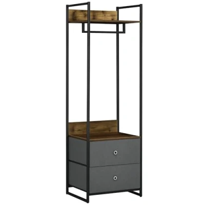 Image of HOMCOM Clothes Rail, Metal Coat Stand, Garment Rack with 2 Fabric Storage Drawers, Single Wardrobe for Bedroom, Hallway, Rustic Brown and Grey