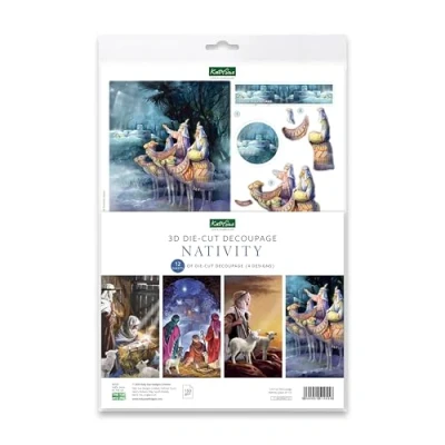 Image of Katy Sue Nativity Die Cut Decoupage Pack. 12 Pre Paper Sheets for Christmas Card Making Supplies Featuring Images of The 3 Wise Men, Stable, Shepherds, Manger &amp; Baby Jesus