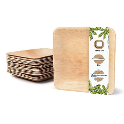 Image of BIOZOYG 25x Palm Leaf Plates 18 x cm Eco Compostable and Natural Disposable Square Party Tableware Friendly