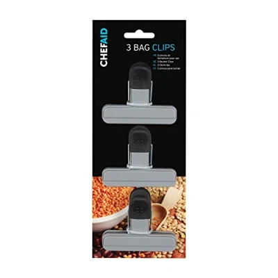 Image of Chef Aid Bag Clips, Pack of 3 Soft Grip Clips for Keeping Food Fresher Longer, Made with BPA Free Plastic and Fridge, Freezer Dishwasher Safe, Grey