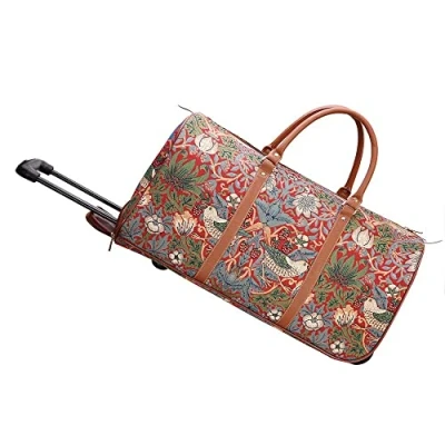 Image of Signare Tapestry Travel Bag Overnight Bags Weekend with Wheel for Women William Morris Design (Strawberry Thief Red, Pull STRD)