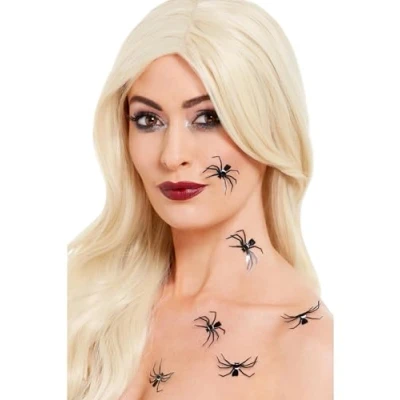 Image of Smiffys Make Up FX, 3D Spider Stickers, Black 6pcs, Cosmetics and Disguises Fancy Dress, Dress &amp; Disguises.