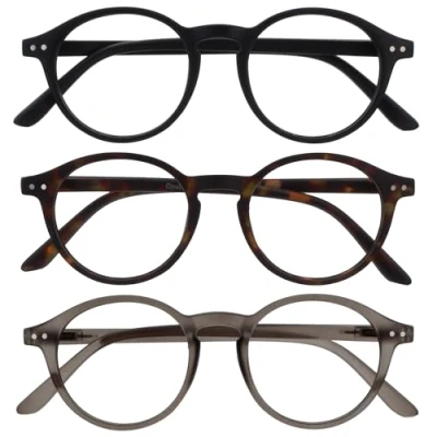 Image of OPULIZE REY Reading Glasses 3 Pack Retro Round Frame Matt Black, Brown Tortoiseshell, Grey Mens Womens Spring Hinges RRR56 127 +2.50