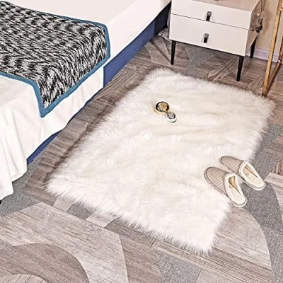 Image of HLZDH Faux fur Soft Fluffy single sheepskin stule Style Rug, Fleece Chair Cover Seat Pad Shaggy Area Rugs For Bedroom Sofa Floor (Rectangular white, 60 X90 CM)