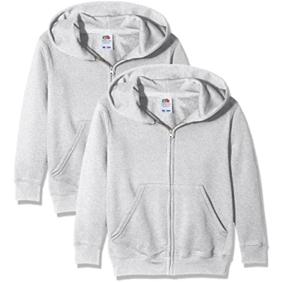 Image of Fruit of the Loom Unisex Kids Zip front Classic Hooded Sweat Pack 2, Heather Grey, 7 8 Years (Manufacturer Size:30)
