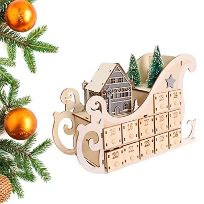 Image of Wood Advent Calendar Countdown Wooden Lighted Carved 24 Day to Christmas Calendar, Storage