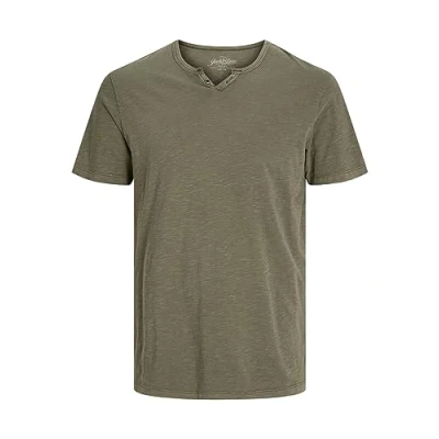 Image of Jack &amp; Jones Men&#039;s Jjesplit Neck Tee Ss Noos T Shirt, Dusky Green, XL