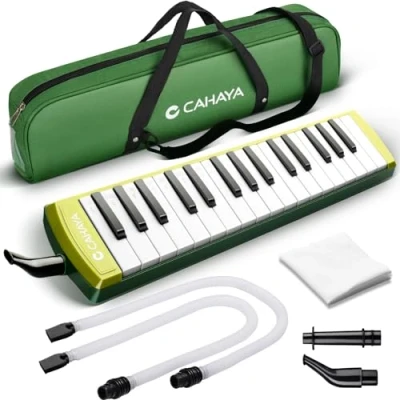 Image of CAHAYA Melodica Music Instrument 32 Key Portable with Double Plastic Flexible Long Pipe, Short Mouthpieces and Carrying Bag, Wasabi Green, CY0356