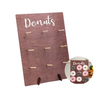 Image of Donut Wall Wood Display Stand Holds 9 Donuts,Reusable Rustic Dessert Table Board Doughnut Holder for Wedding Birthday Family Party Festival Decor Will Not Tip Over (Rectangular brown)