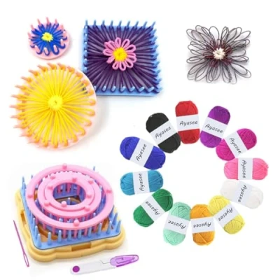 Image of Ayasee Flower Loom, Knitting Weaving Loom Kit, Frame Looms, Wool, Round/Square Looms Craft Kit (Flower Maker + Yarn)