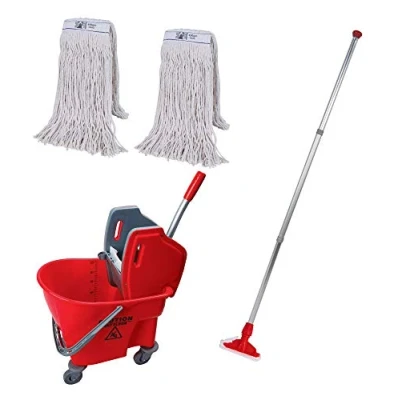 Image of Abbey Professional Heavy Duty Kentucky Mop Handle and Bucket with Two 450g Heads Commercial Set for Cleaning Hard Floors 25L Red