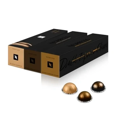 Image of Nespresso Vertuo Coffee Pods, 30 Espresso Mixed Pack 10 Bianco Doppio, x Scuro, Chiaro Make Espressos, Cappuccino, Lattes and Iced at home. Recyclable Pods
