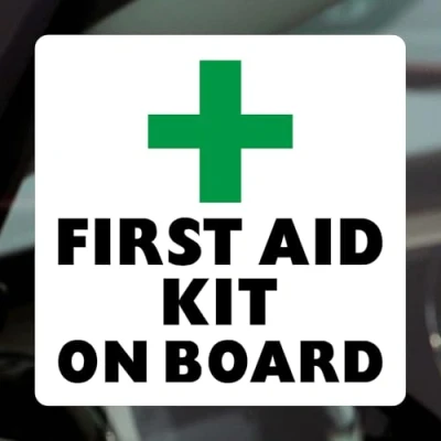 Image of 1 x Sticker First Aid Kit on Board WINDOW Sign Car Van Bus Cab Doctor Bandage Plaster Box Inside Taxi Vehicle Notice Ambulance Internal Reverse Label Health and Safety Accident WHITE CLEAR 100mm
