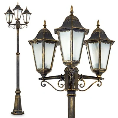 Image of Outdoor lamp Hong Kong Frost, candelabra in antique look, cast aluminium brown/gold with frosted glass panes, 3 arm pathway lamp, height adjustable, vintage garden E27, IP44, without bulbs