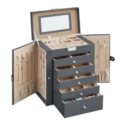 Image of SONGMICS Jewellery Box 6 Tiers, Case with 5 Drawers, Large Storage Capacity, Mirror, Lockable, Organiser, Gift for Loved Ones, Watches, Grey JBC152G01