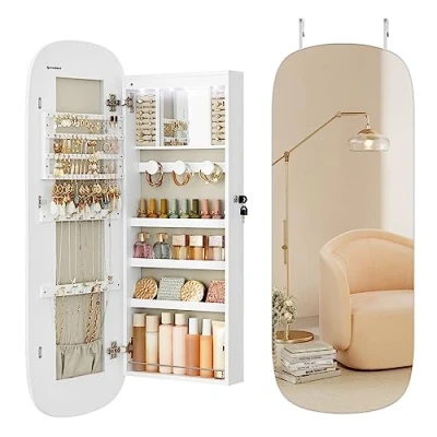 Image of SONGMICS Mirror with Storage, LED Jewellery Cabinet Wall/Door Mounted, Lockable Rounded Wide Cabinet, Interior Mirror, 10 x 42 108 cm, White Surface Greige Lining JJC026W01
