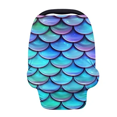 Image of Binienty Baby Car Seat Cover Canopies for Boys Girls, Blue Mermaid Scale Design, Stretchy Fabric Soft Stroller Cover, Nursing Breastfeeding