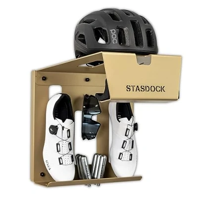 Image of Stasdock Premium wall Mount bike storage system for Race Bicycles (New Gold) Shelf bracket also helmet and shoes solution your home or garage